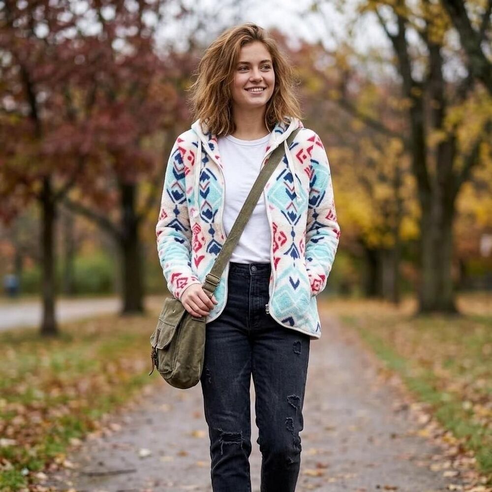 Geometric Fleece Hoodie | Indie Gorpcore Zip-Up | XL soft nature vibes